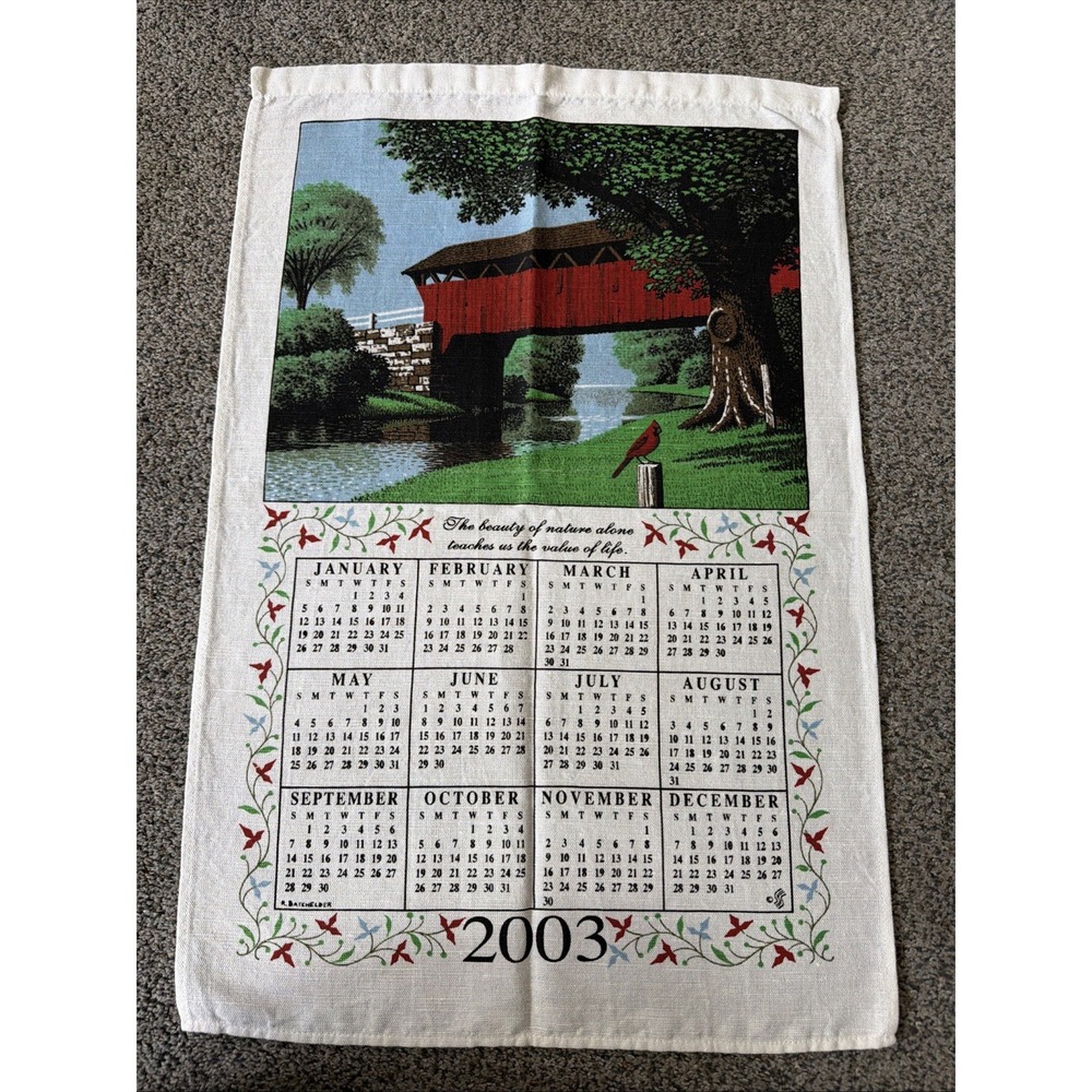 Vintage Linen Calendar 2003 Red Covered Bridge Cardinal